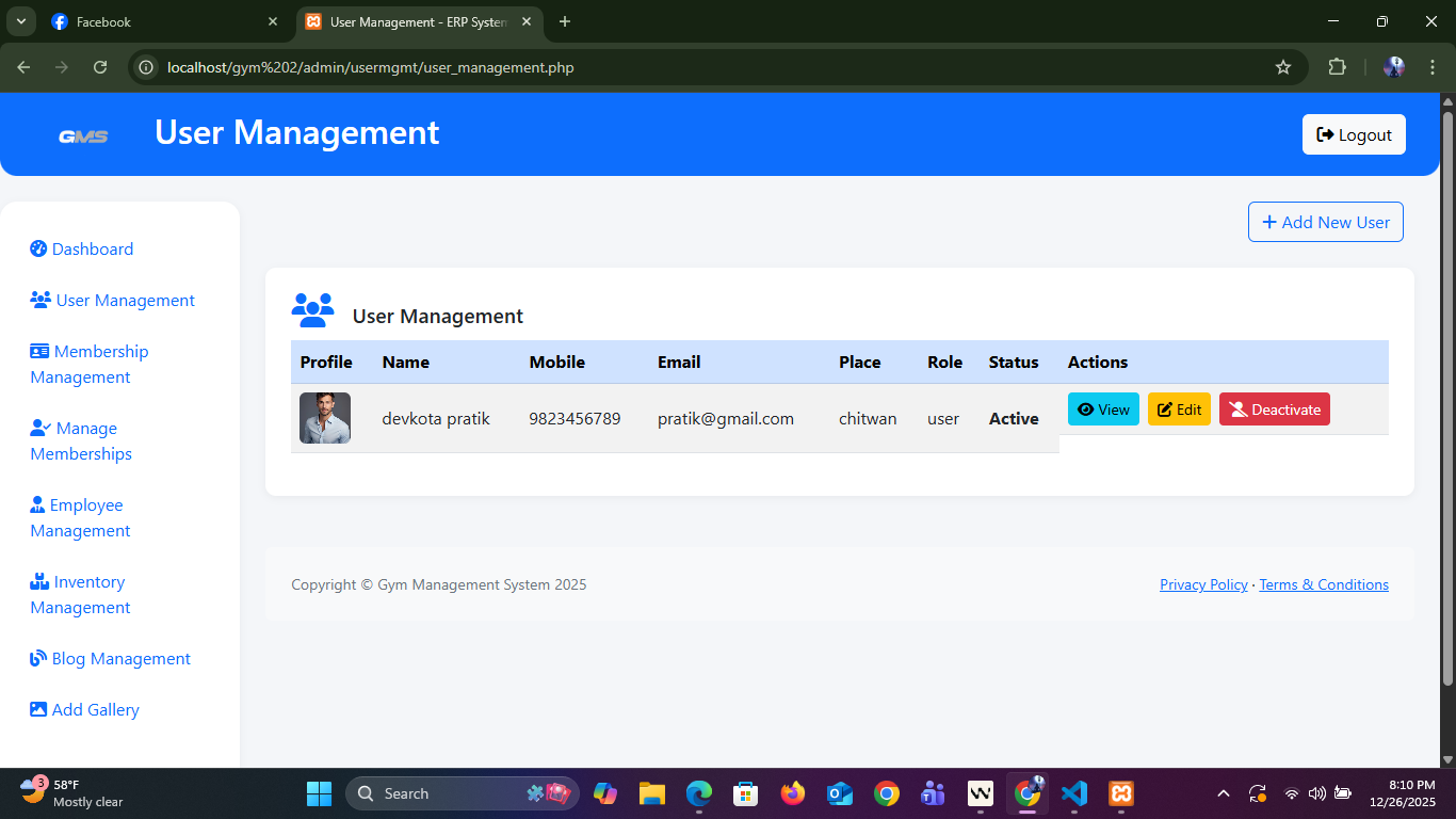 Gym Management System - Member Management List